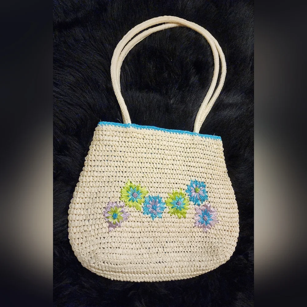 Summer Boho Straw Beach Bag Crocheted Tote With Embroidered Flowers